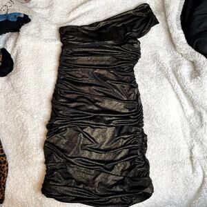 FREDRICKS Of Hollywood Small Black Gold One Shoulder Scrunch Dress Club‎ LBD